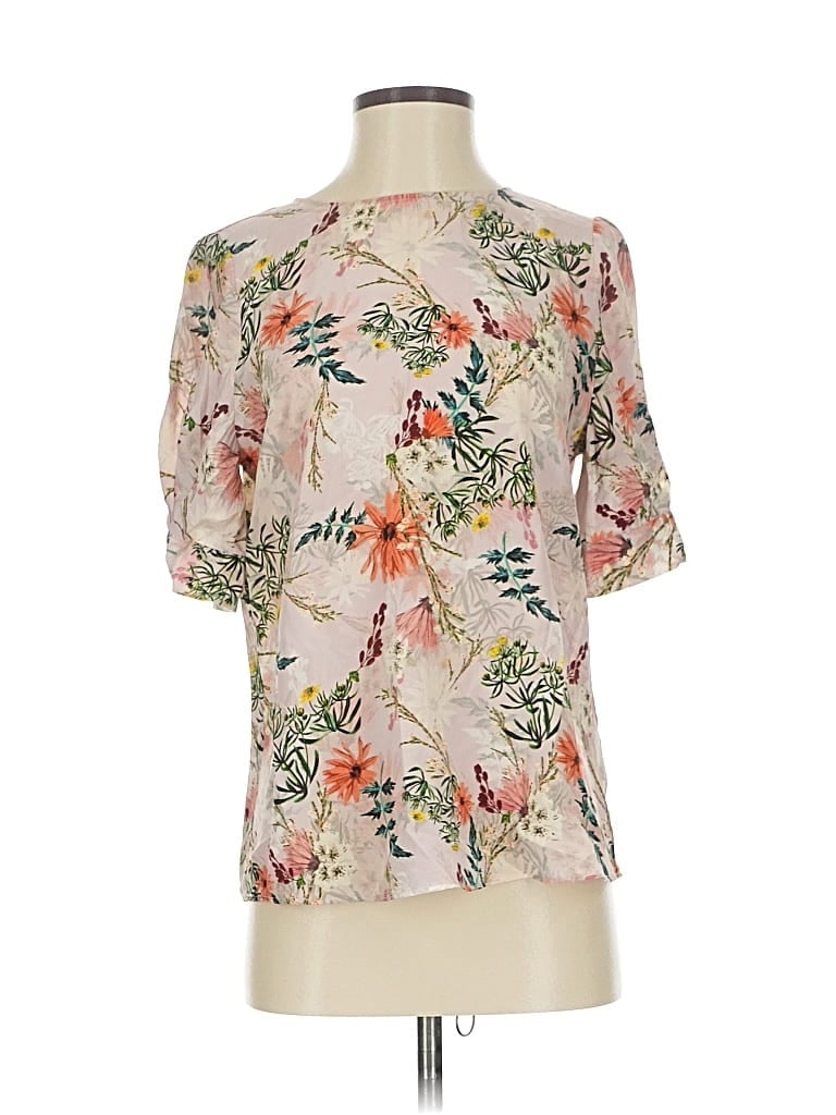 Pre-owned Antonio Melani Short Sleeve Silk Top Pink Floral Pattern Cold Shoulder Neckline Tops