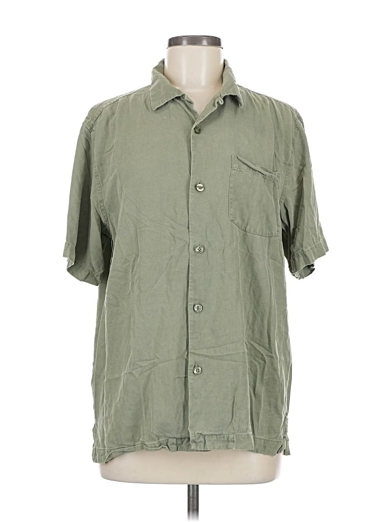 Pre-owned Quince Short Sleeve Silk Top Green Solid Pattern Collared Neckline Tops