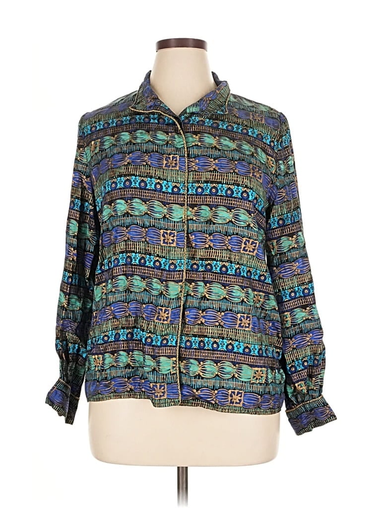 Pre-owned Maggy London Long Sleeve Silk Top Blue Print Pattern Collared Neckline Tops