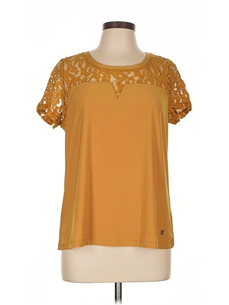 Pre-owned Anne Klein Short Sleeve Top Gold Keyhole Neckline Tops