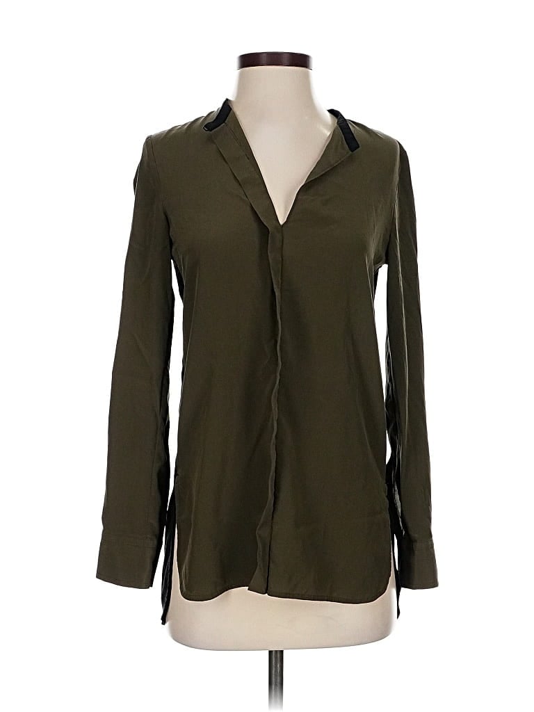 Pre-owned Vince Long Sleeve Silk Top Green Open Neckline Tops