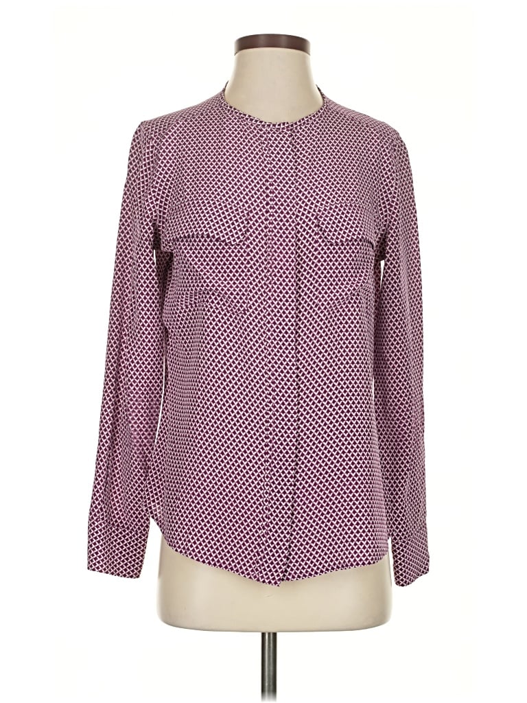 Pre-owned Equipment Long Sleeve Silk Top Burgundy Chevron/herringbone Pattern Square Neckline Tops