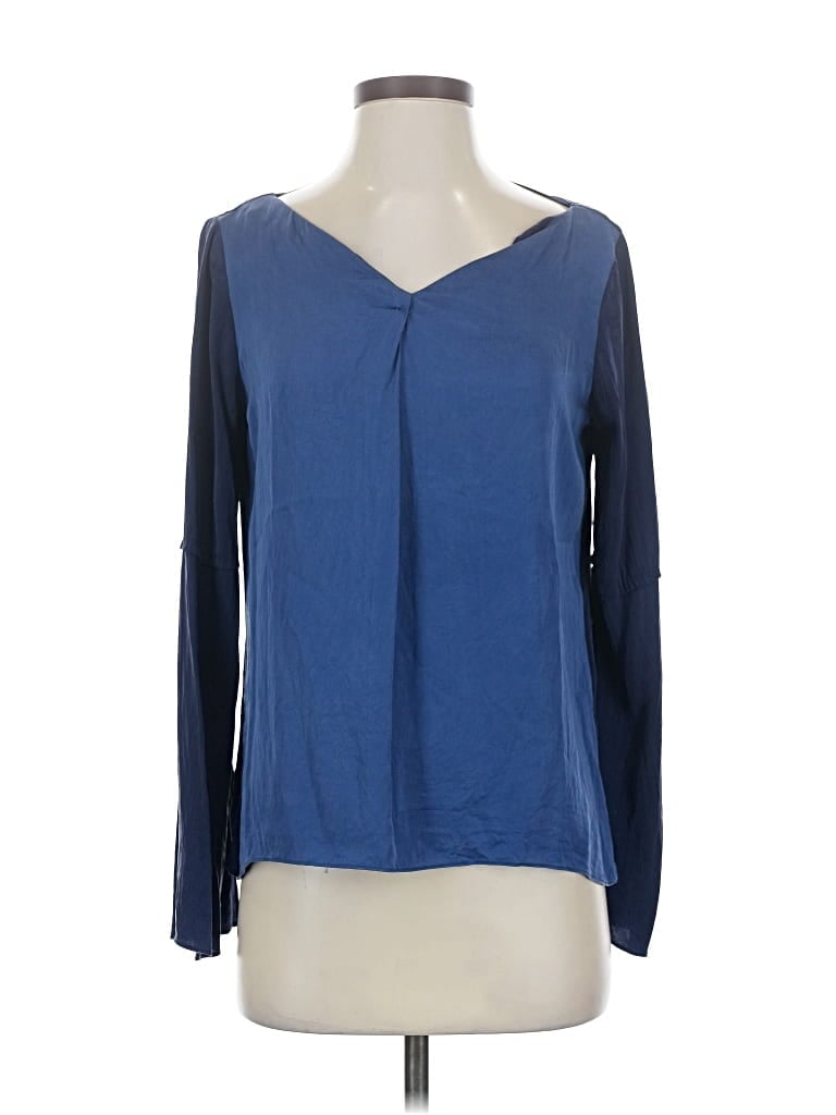Pre-owned Elie Tahari Long Sleeve Silk Top Blue Open Neckline Tops