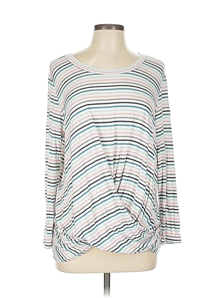 Pre-owned Ann Taylor Loft Outlet Long Sleeve Top Silver Stripes Pattern Boatneck Tops