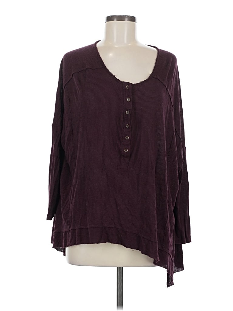 Pre-owned Free People Long Sleeve Henley Shirt In Burgundy