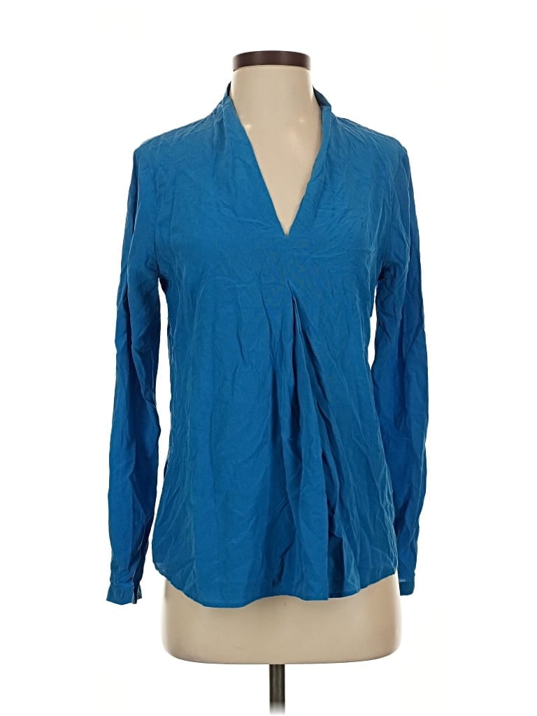 Pre-owned Ecru Long Sleeve Silk Top Blue Plunge Neckline Tops