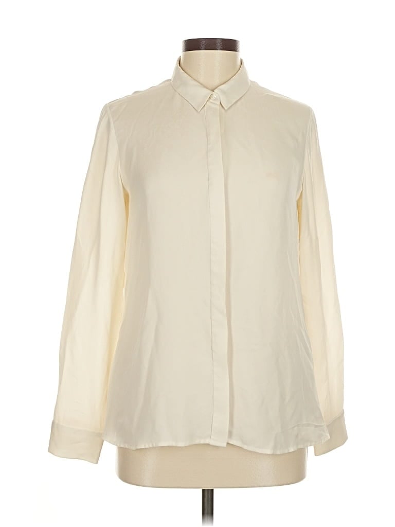Pre-owned Theory Long Sleeve Silk Top Ivory Solid Pattern Mock Neckline Tops In White