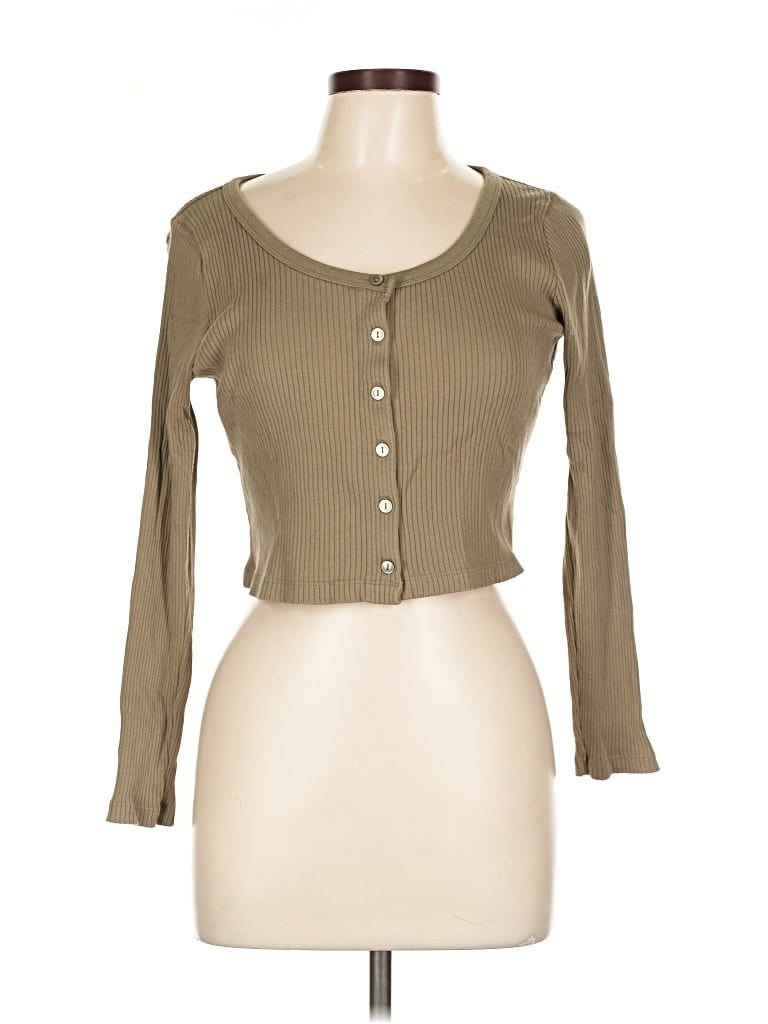 Pre-owned Uniqlo Long Sleeve Top Tan Sweetheart Neckline Tops In Brown