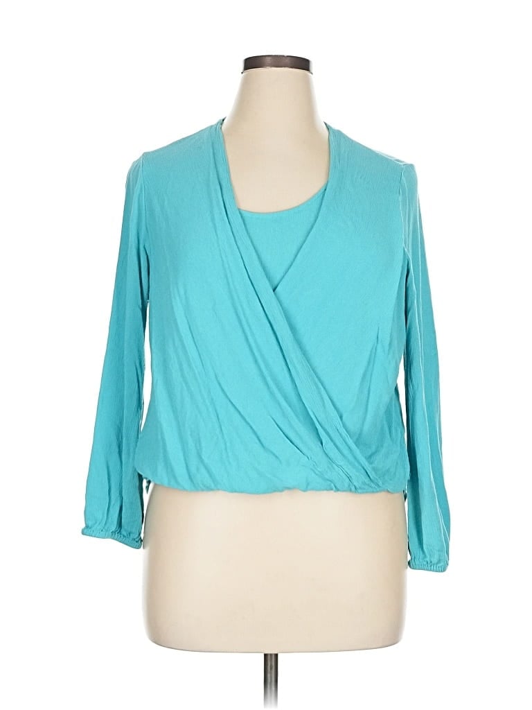 Pre-owned Karen Kane 3/4 Sleeve Top Teal Plunge Neckline Tops In Blue