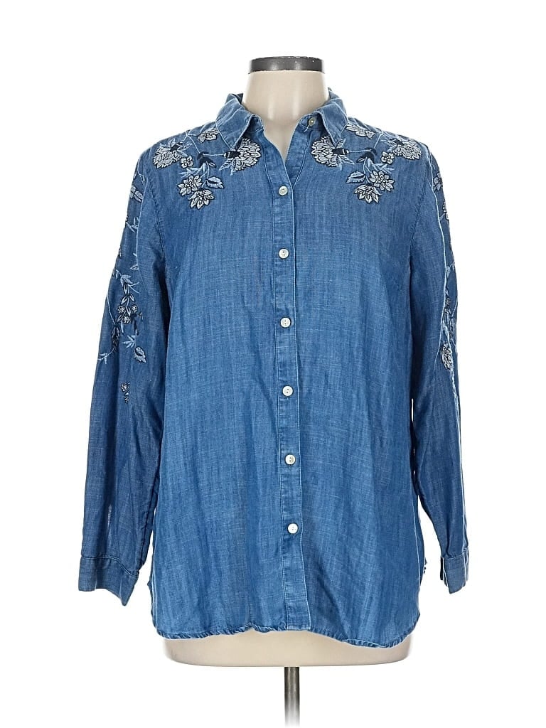 Pre-owned Jjill 3/4 Sleeve Button Down Shirt In Blue