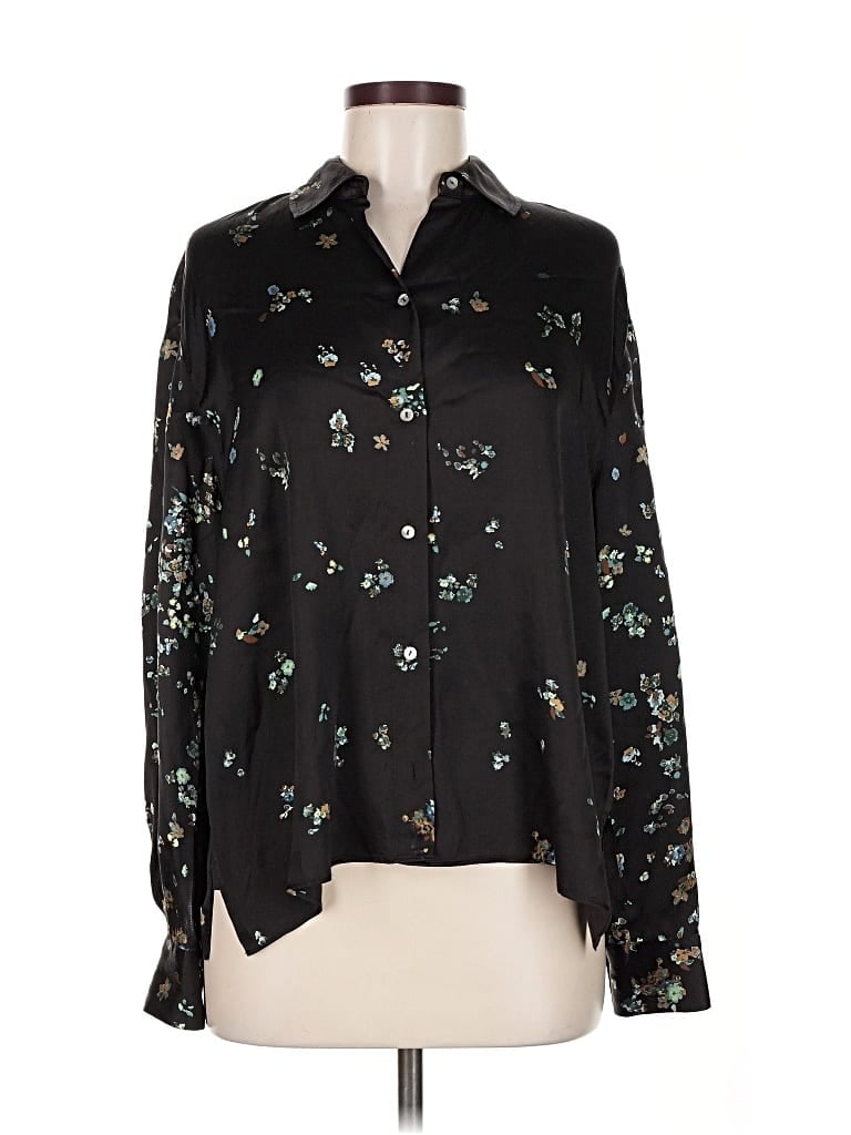 Pre-owned Vince Long Sleeve Silk Top Black Floral Pattern Collared Neckline Tops