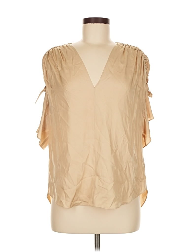 Pre-owned Vince Short Sleeve Silk Top Tan Plunge Neckline Tops In Brown