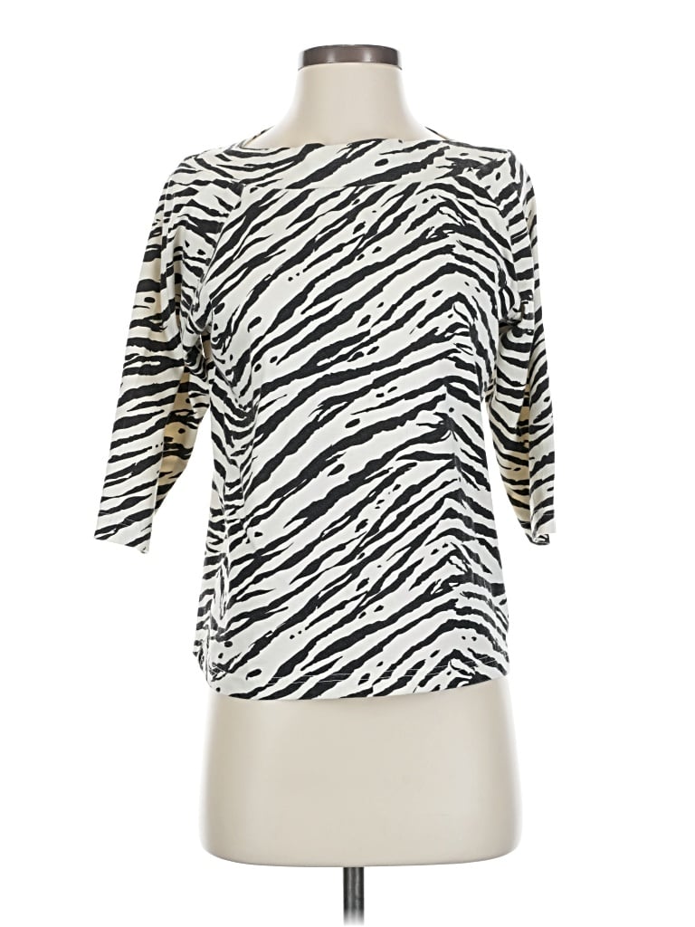 Pre-owned Erika 3/4 Sleeve Top Ivory Animal Print Pattern Boatneck Tops In White