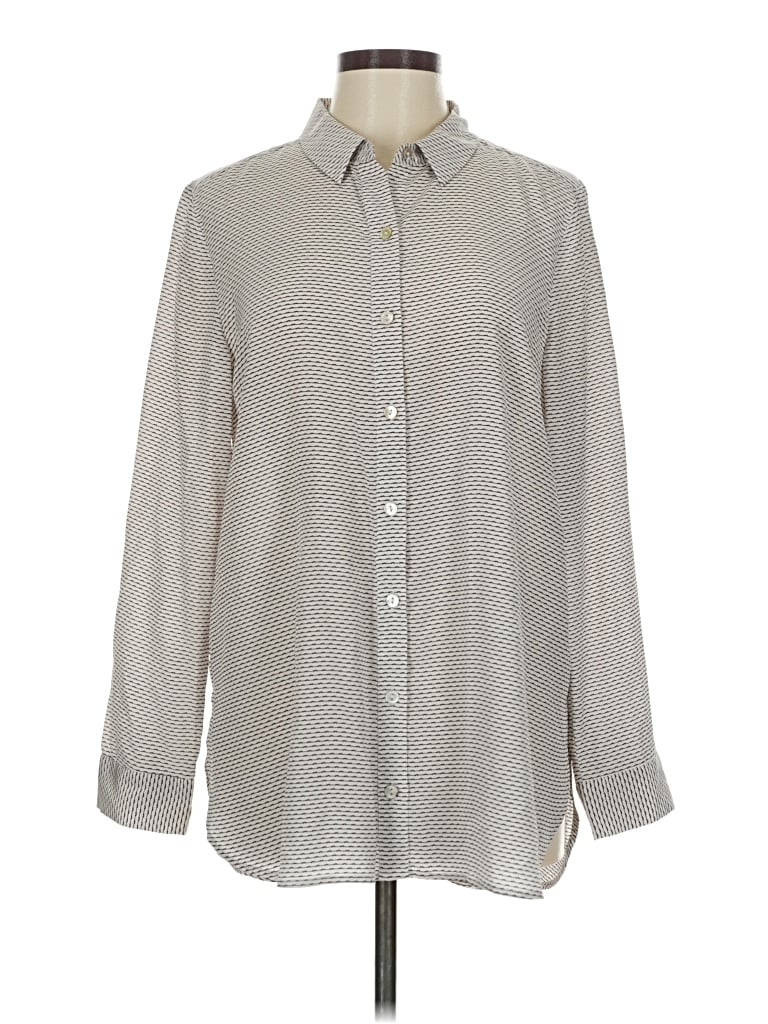 Pre-owned Eileen Fisher Long Sleeve Silk Top Gray Houndstooth Pattern Collared Neckline Tops