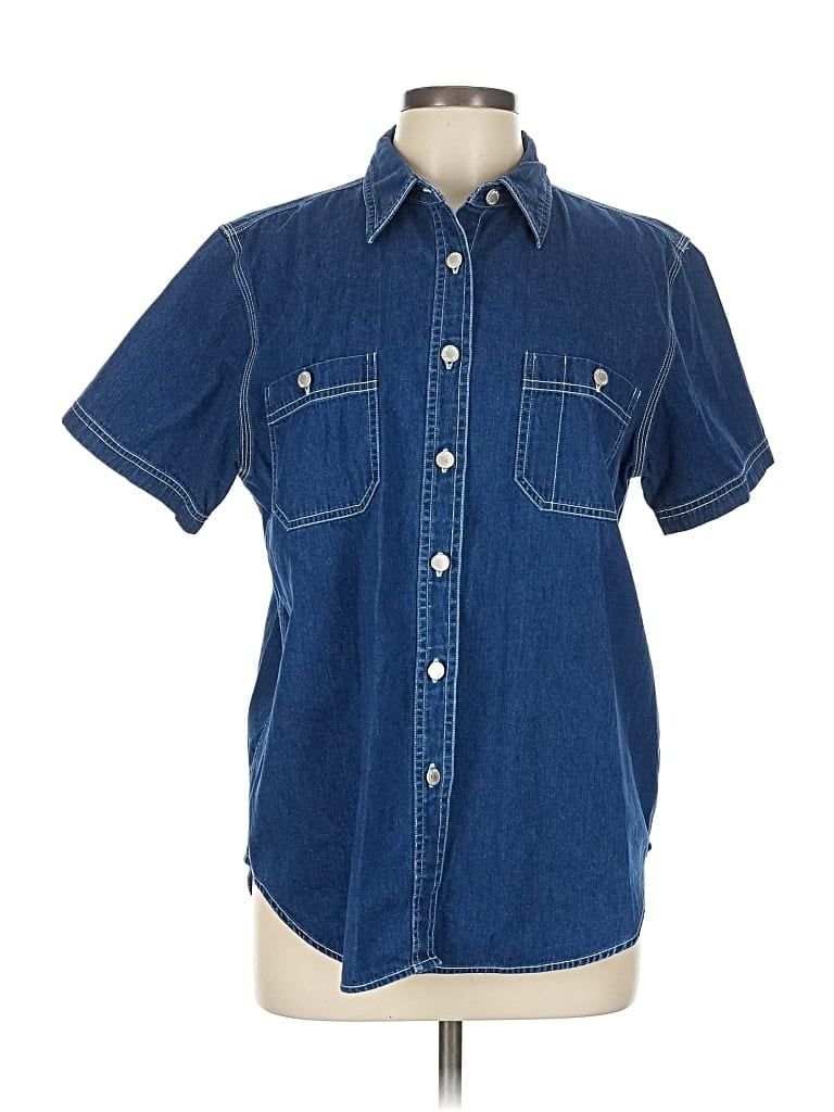 Pre-owned April Cornell Short Sleeve Button Down Shirt In Blue