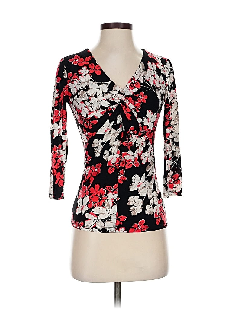 Pre-owned Ellen Tracy 3/4 Sleeve Silk Top Black Plunge Neckline Tops