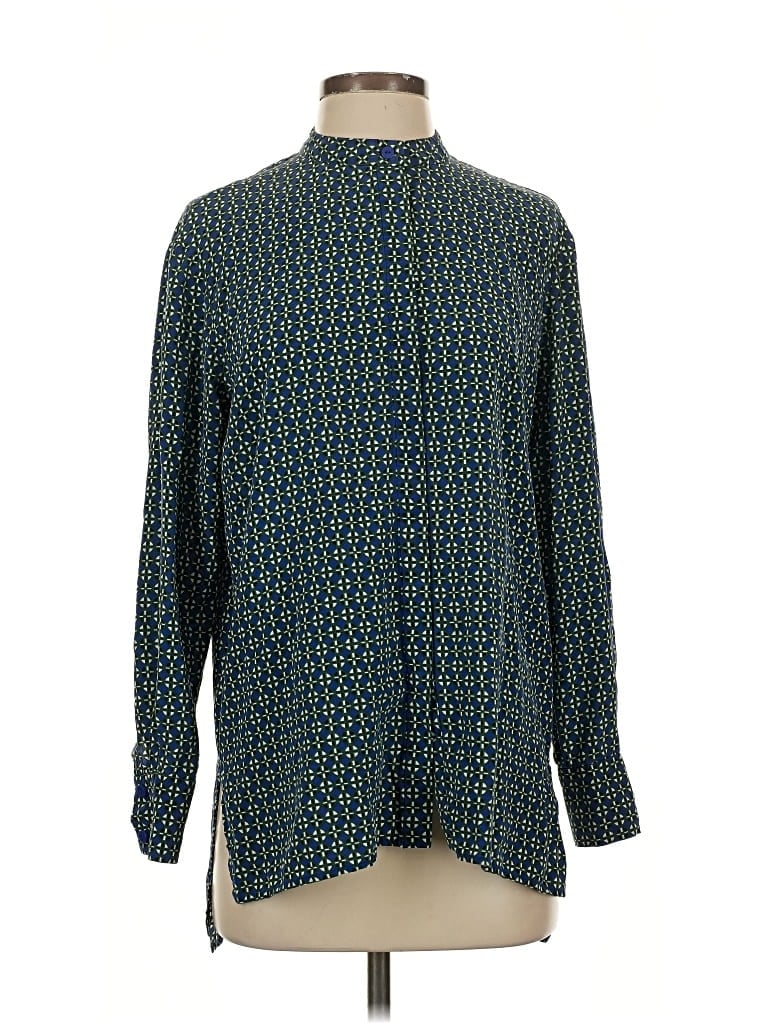 Pre-owned Diane Von Furstenberg Long Sleeve Silk Top Teal Mock Neckline Tops In Blue