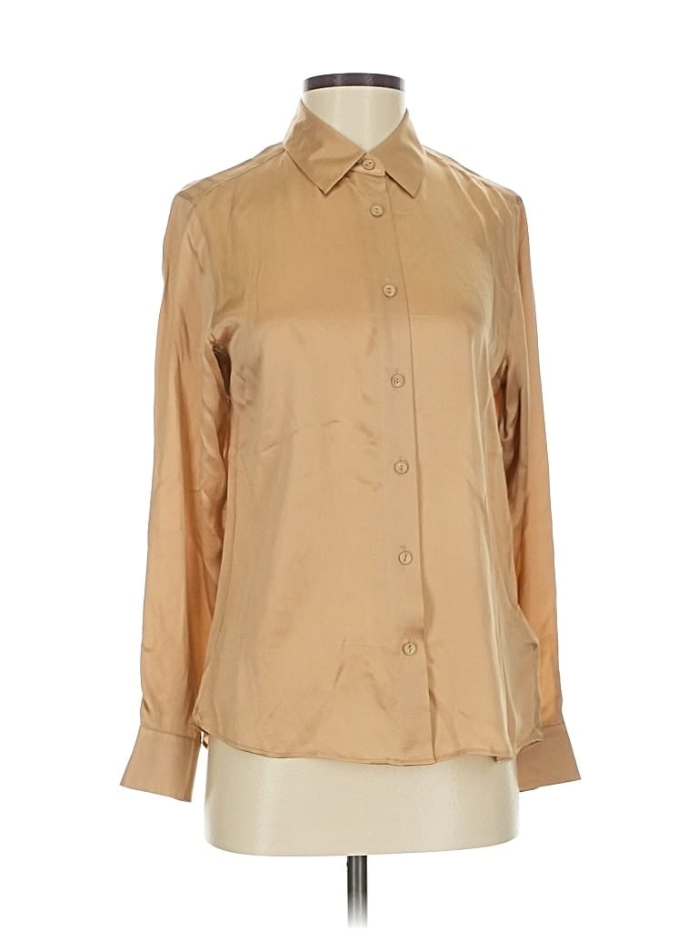 Pre-owned Ines De La Fressange For Uniqlo Long Sleeve Silk Top Tan Tie Neck Tops In Brown