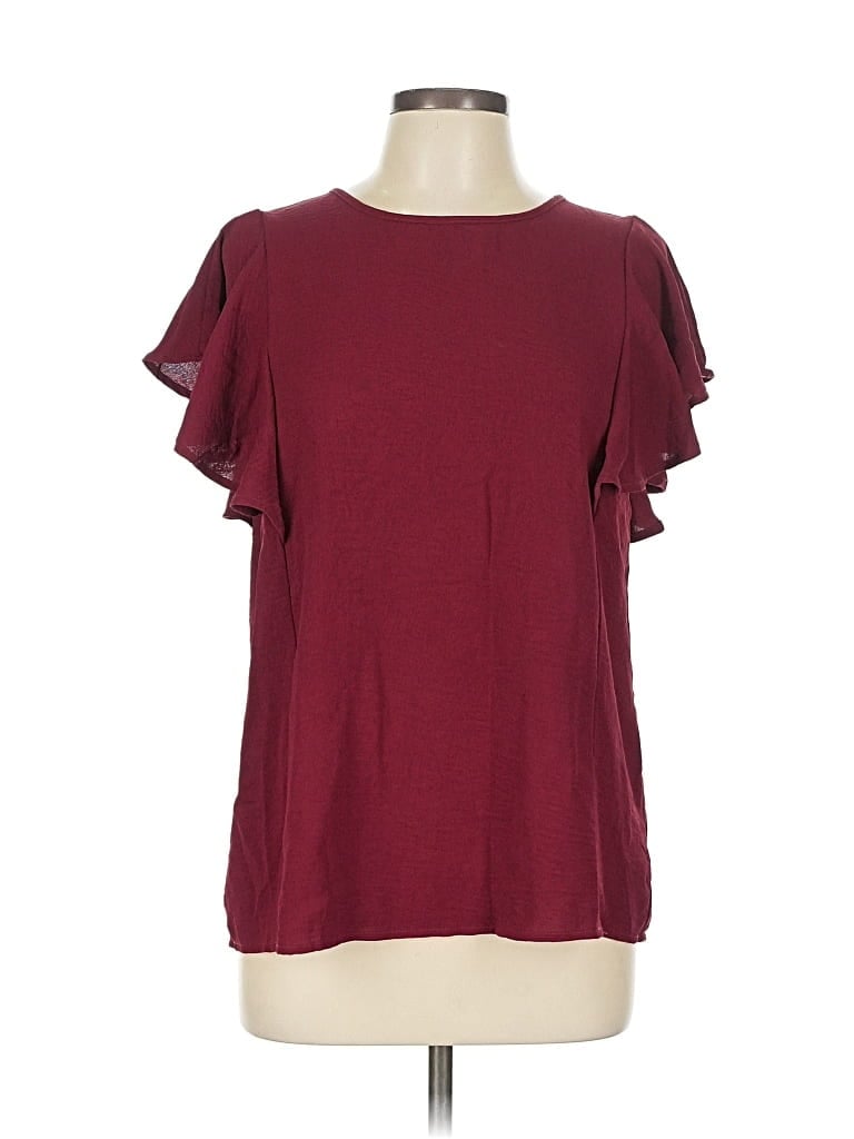 Pre-owned L Love Short Sleeve Top Burgundy Ruffles Neckline Tops