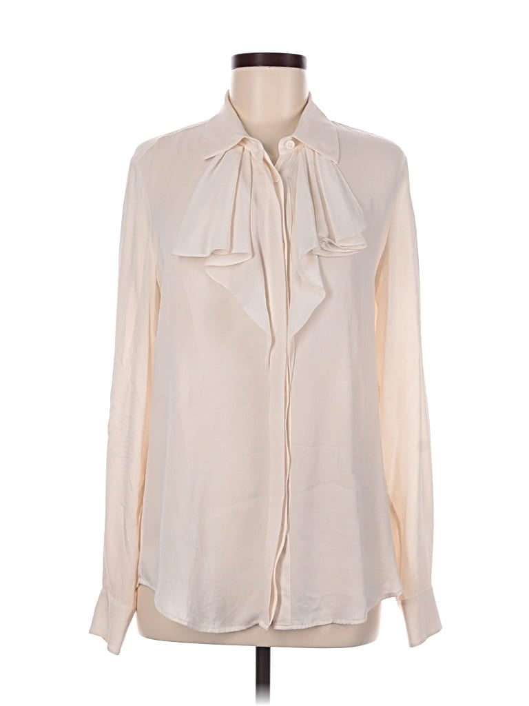 Pre-owned Blk Dnm Long Sleeve Silk Top Ivory Tie Neck Tops In White