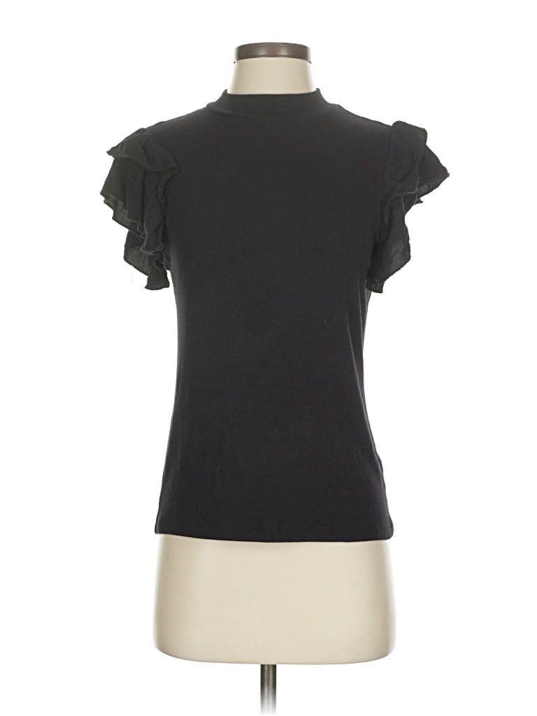 Pre-owned Truth By Republic Short Sleeve Top Black Ruffles Neckline Tops