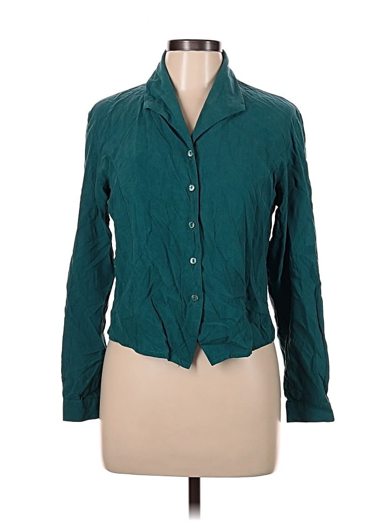 Pre-owned Principles Long Sleeve Silk Top Teal Collared Neckline Tops In Blue