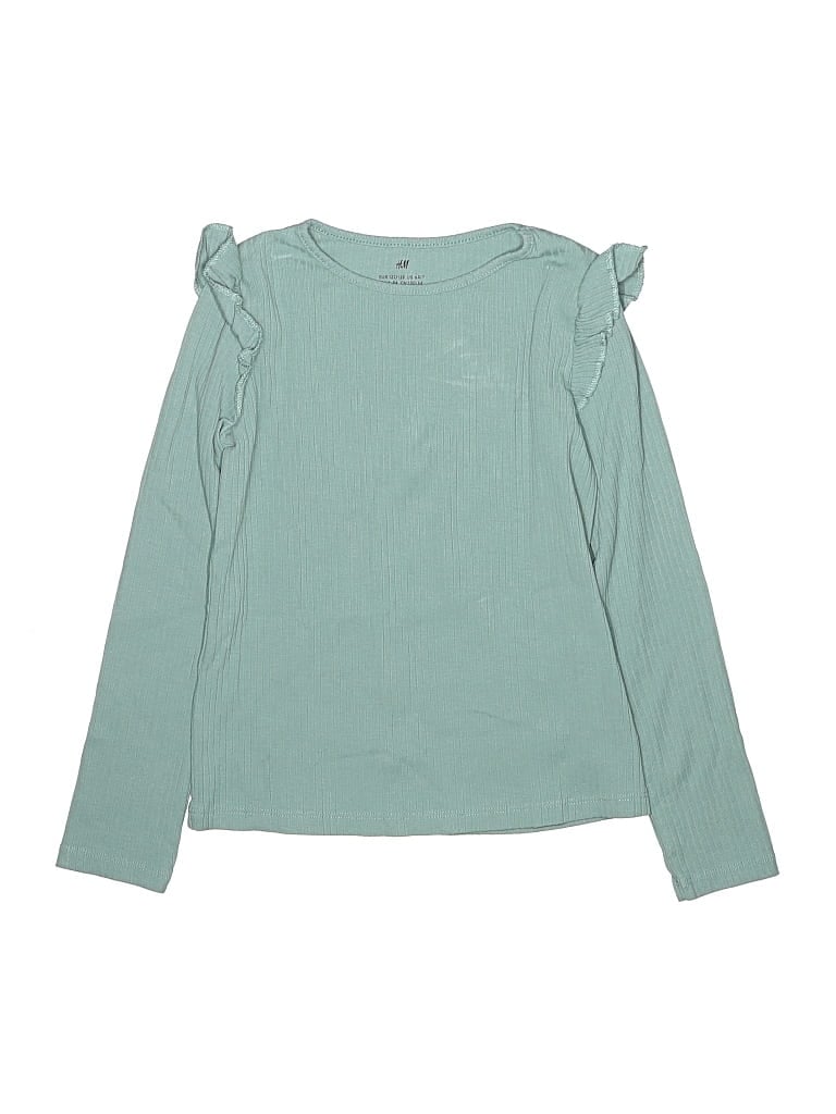 Pre-owned H&m Kids' Long Sleeve Top Teal Ruffles Neckline Tops In Blue