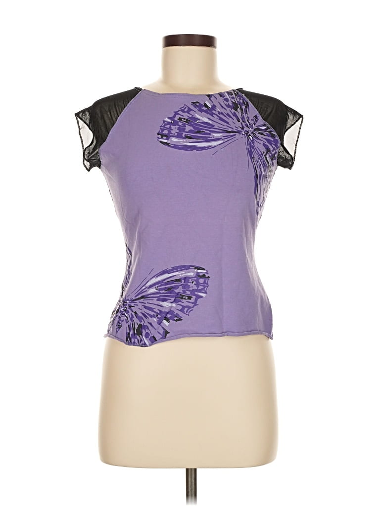 Pre-owned Nicole Miller Collection Short Sleeve Top Purple Keyhole Neckline Tops