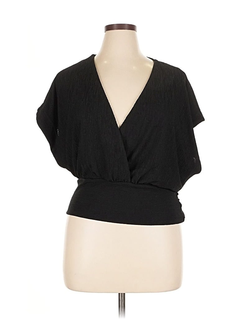Pre-owned Jennifer Lopez Short Sleeve Top Black Plunge Neckline Tops