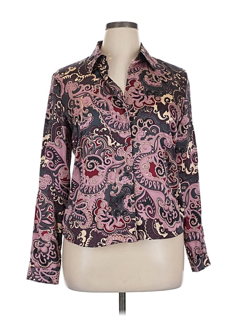 Pre-owned Inc International Concepts Long Sleeve Silk Top Purple Paisley Pattern Collared Neckline Tops
