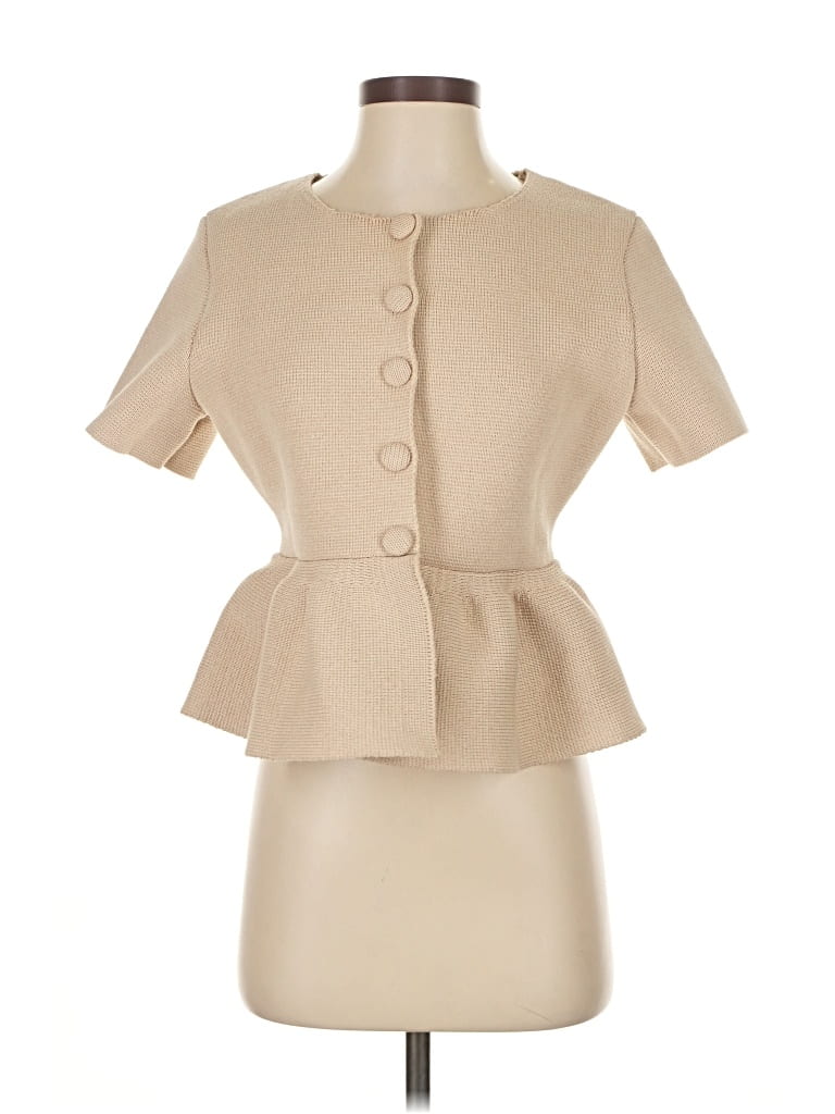 Pre-owned Zara Short Sleeve Top Tan Square Neckline Tops In Brown