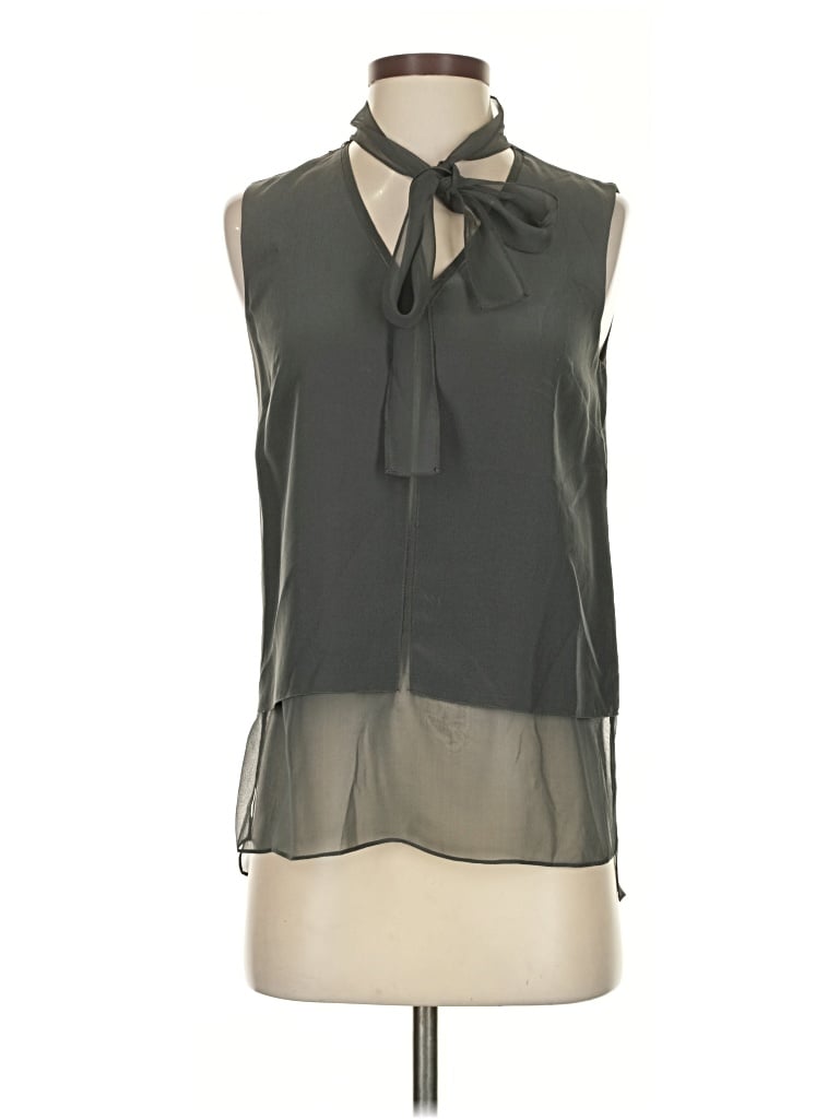 Elie Tahari Sleeveless Silk Top Gray Tie Neck Tops