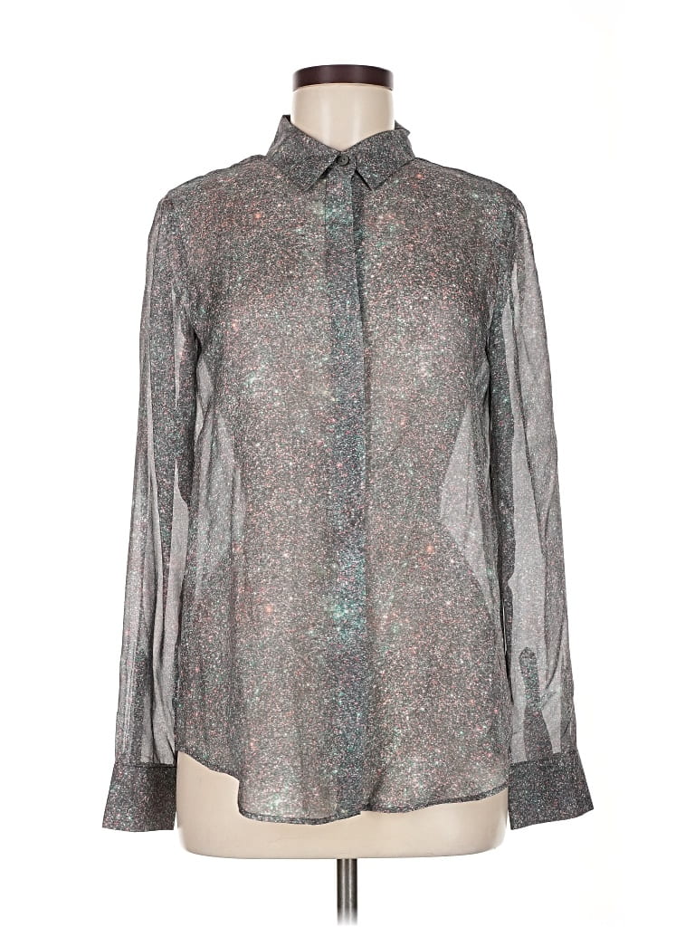 Pre-owned Theory Long Sleeve Silk Top Gray Metallic Pattern Mock Neckline Tops