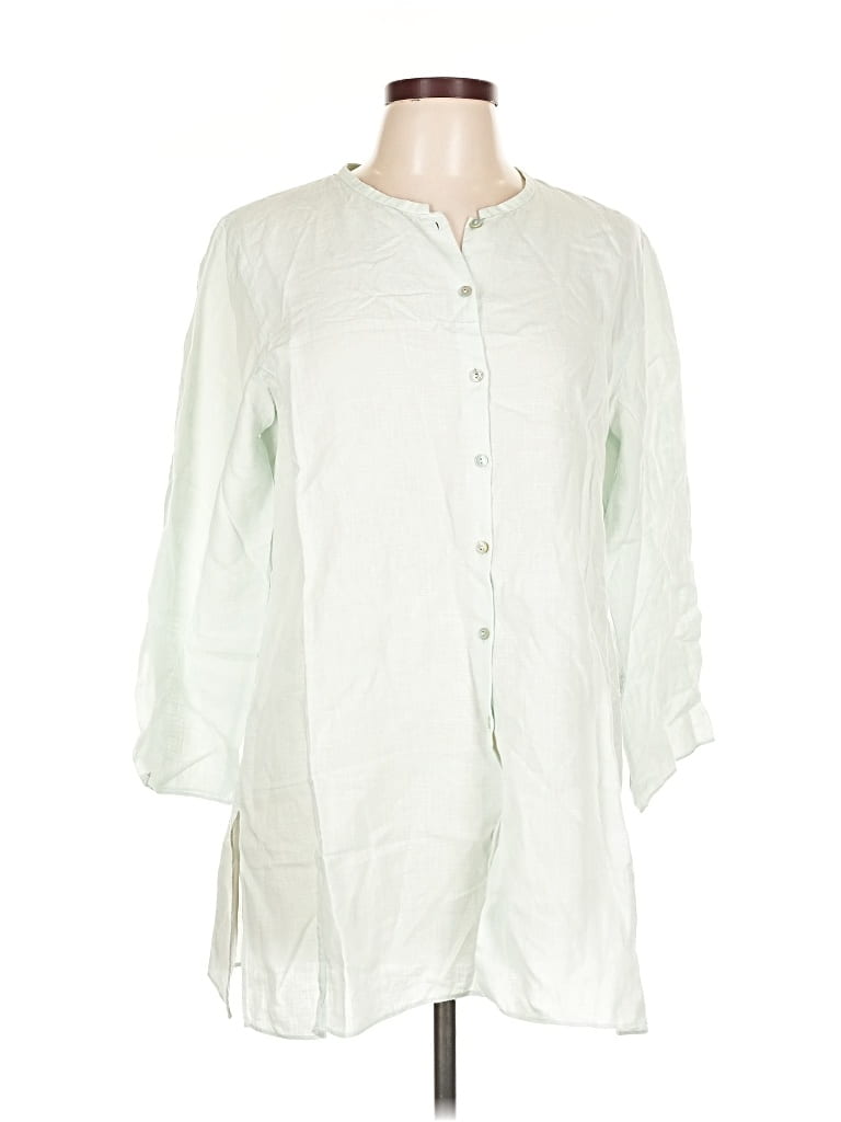 Pre-owned Eileen Fisher 3/4 Sleeve Button Down Shirt In Green