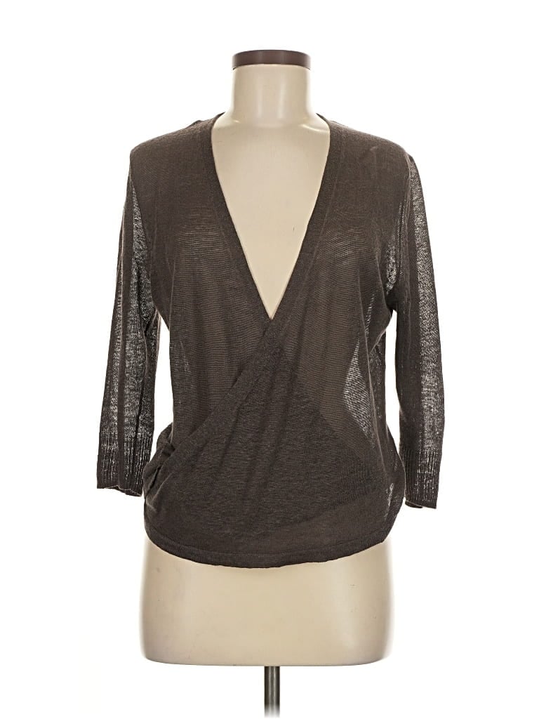 Pre-owned Nic + Zoe 3/4 Sleeve Top Gray Plunge Neckline Tops