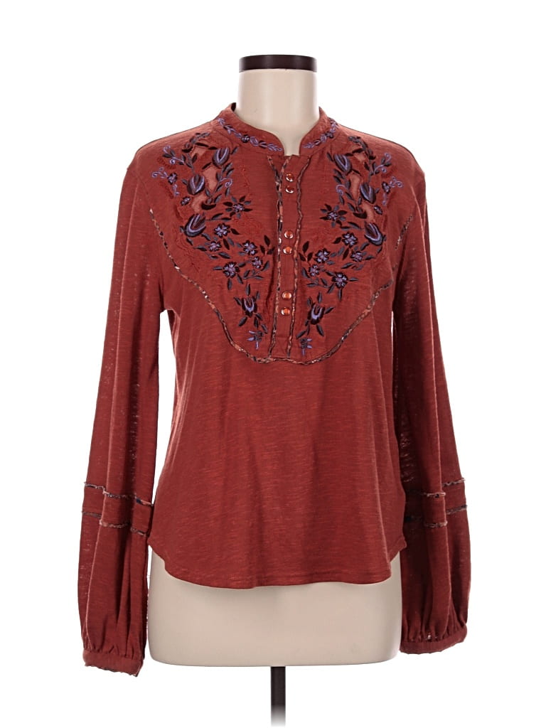 Pre-owned Free People Long Sleeve Blouse In Burgundy
