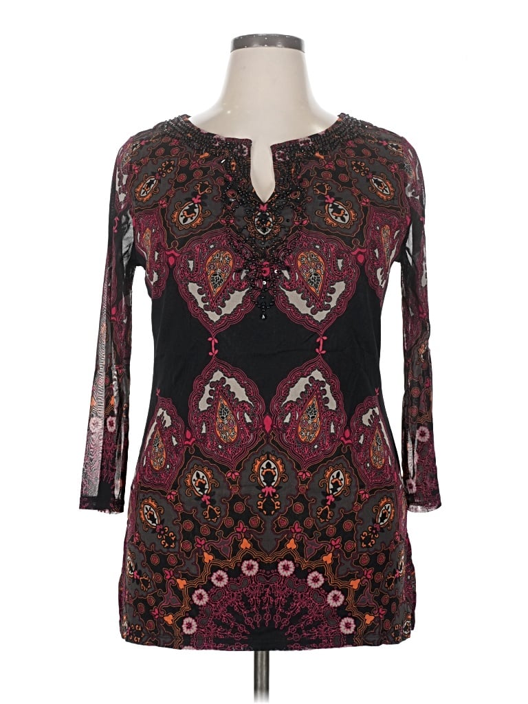 Pre-owned Inc International Concepts 3/4 Sleeve Top Black Keyhole Neckline Tops