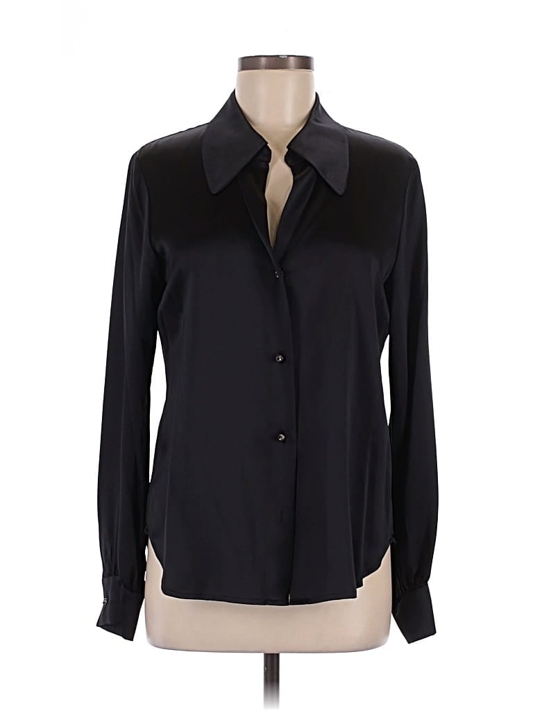Pre-owned L'agence Long Sleeve Silk Top Black Collared Neckline Tops