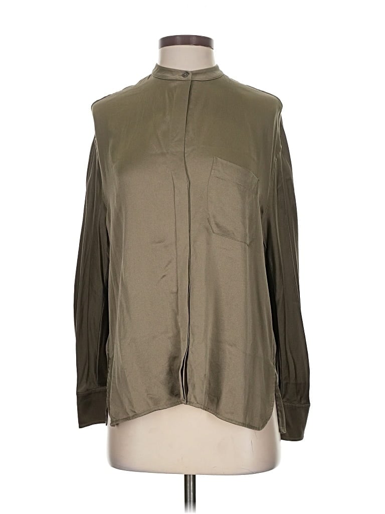 Pre-owned Vince Long Sleeve Silk Top Green Mock Neckline Tops