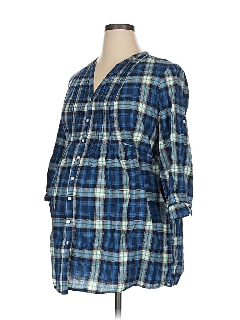 Pre-owned Motherhood 3/4 Sleeve Button Down Shirt In Blue