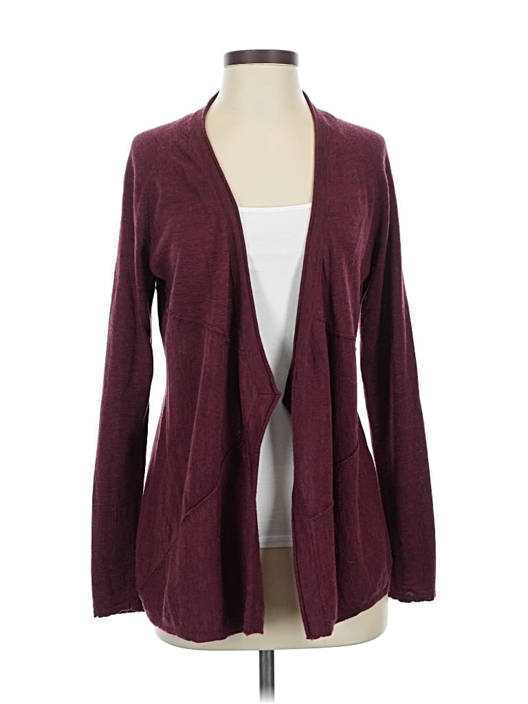 Pre-owned Eileen Fisher Wool Cardigan Sweater In Burgundy