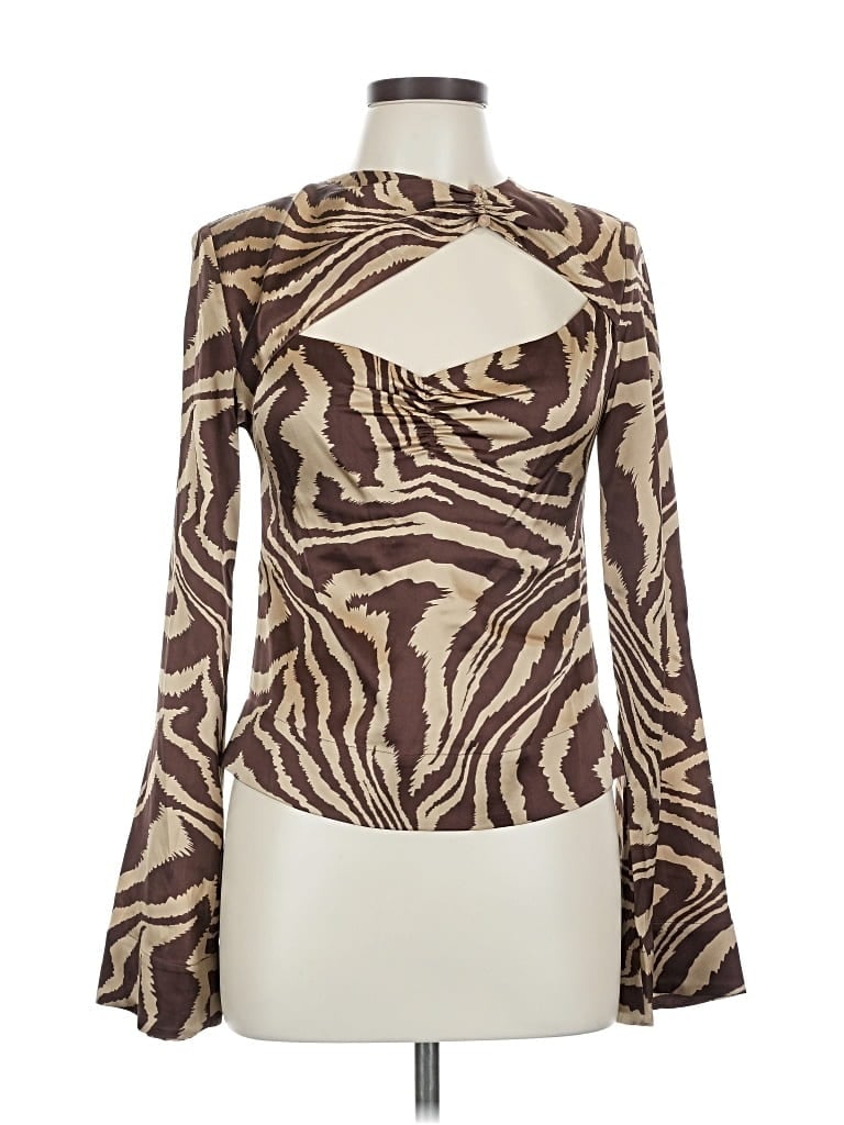 Pre-owned Ganni Long Sleeve Silk Top Brown Animal Print Pattern One Shoulder Neckline Tops