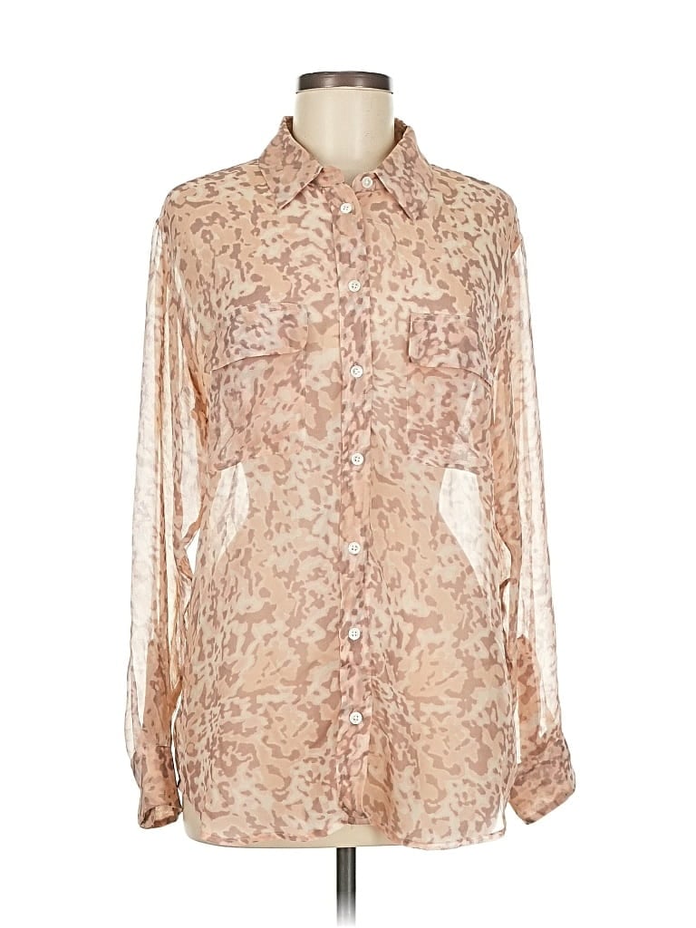 Pre-owned Equipment Long Sleeve Silk Top Tan Animal Print Pattern Mock Neckline Tops In Brown