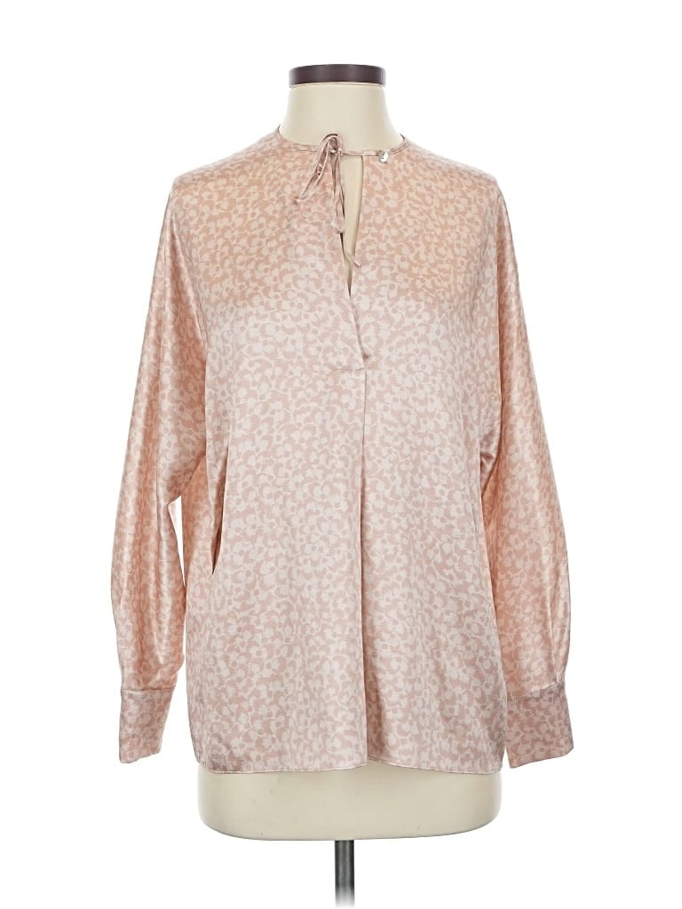 Pre-owned Vince Long Sleeve Silk Top Tan Animal Print Pattern Mock Neckline Tops In Brown