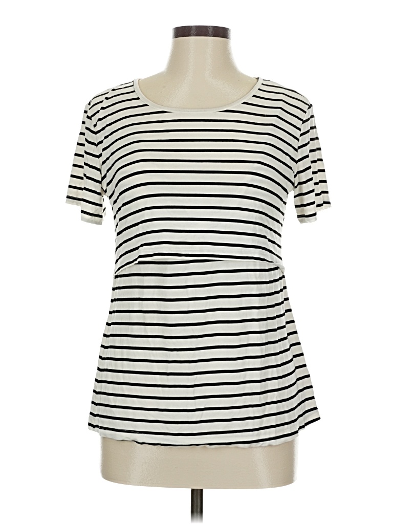 Pre-owned Assorted Brands Short Sleeve Top Ivory Stripes Pattern Scoop Neck Tops In White
