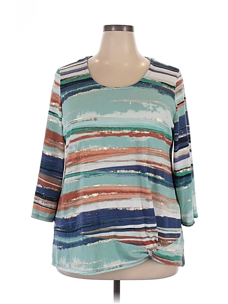 Pre-owned Jm Collection 3/4 Sleeve Top Teal Scoop Neck Tops In Blue