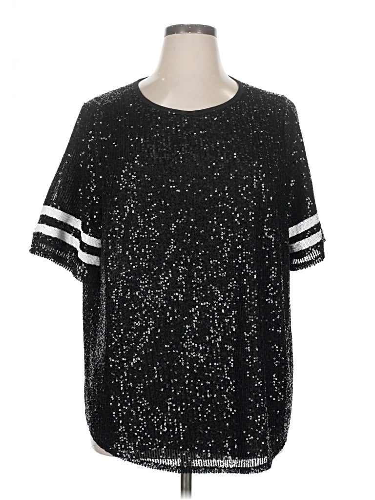 Torrid Short Sleeve Top Black Metallic Pattern Crew Neck Tops