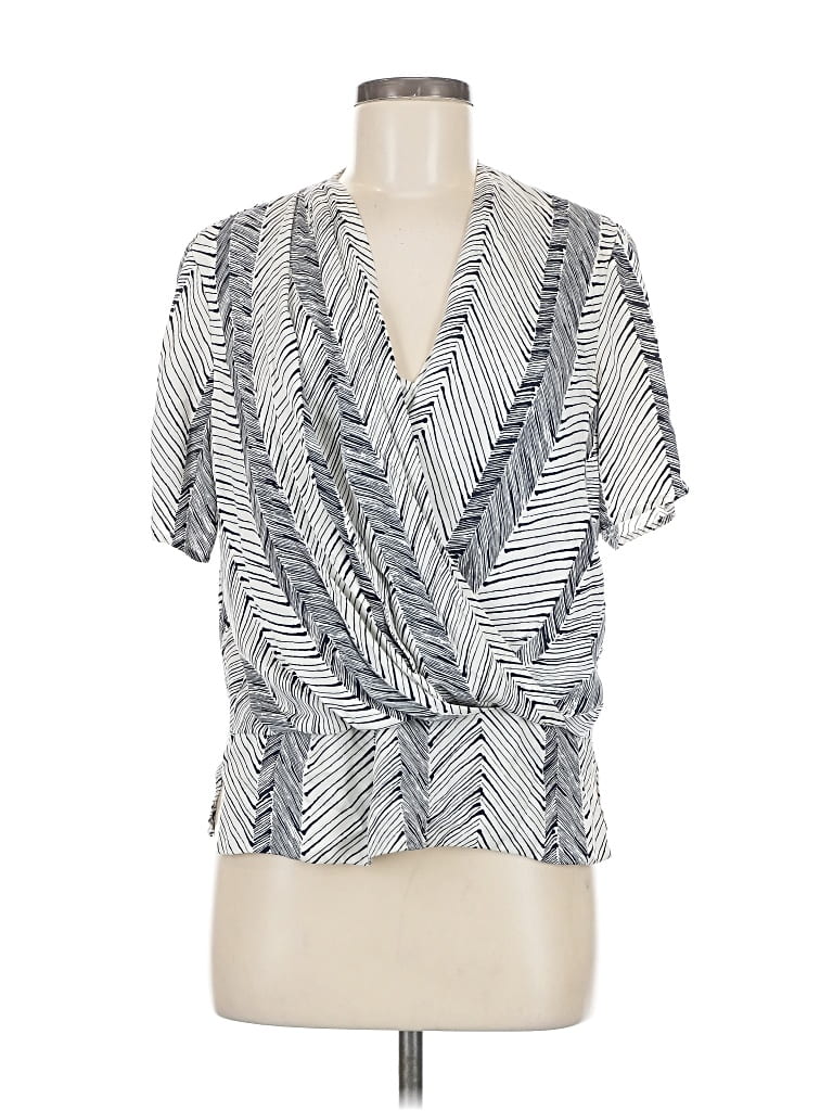 Pre-owned Mm. Lafleur Short Sleeve Silk Top Silver Plunge Neckline Tops
