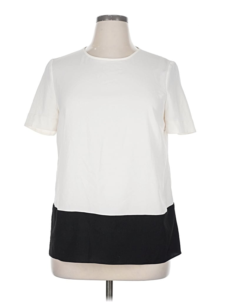 Pre-owned Ellen Tracy Short Sleeve Top Ivory Color Block Pattern Mock Neckline Tops In White