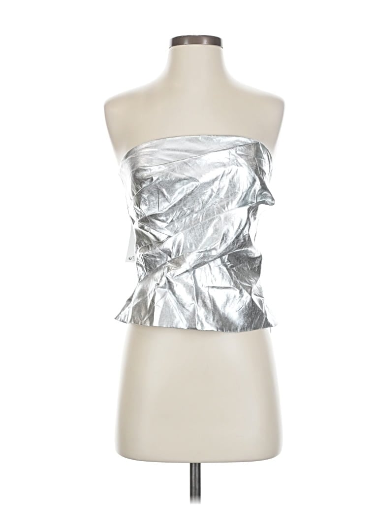 Zara Sleeveless Top Silver Metallic Pattern Strapless Neckline Tops